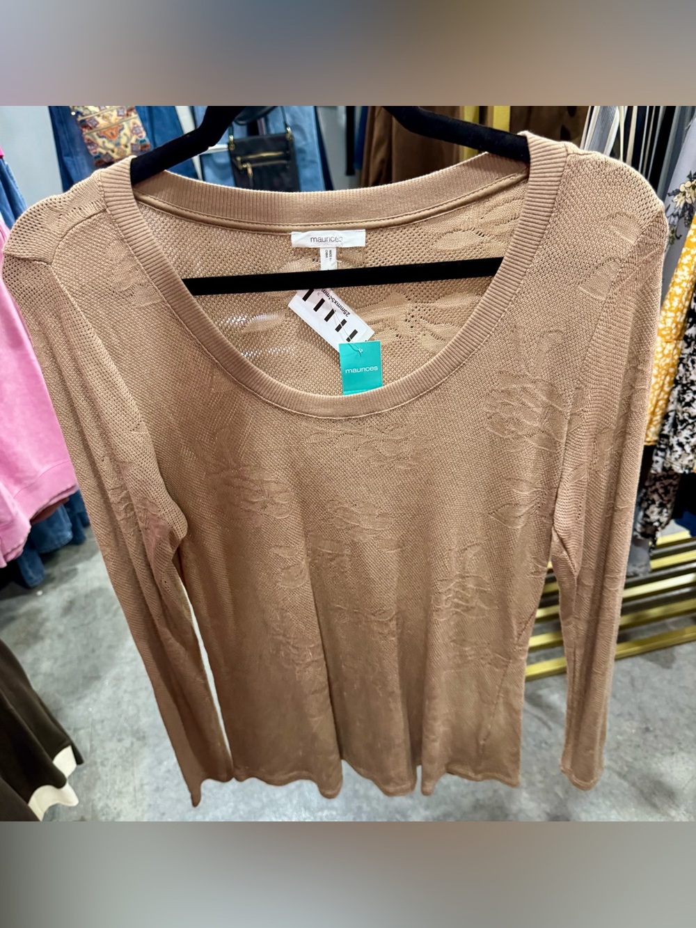 Maurices Light Brown Long Sleeve Crewneck Top with Subtle Floral Texture